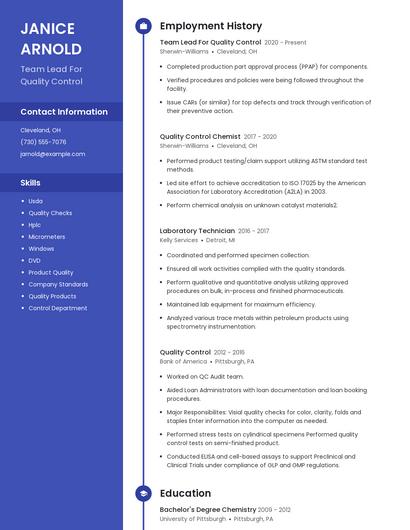Team Lead For Quality Control Resume