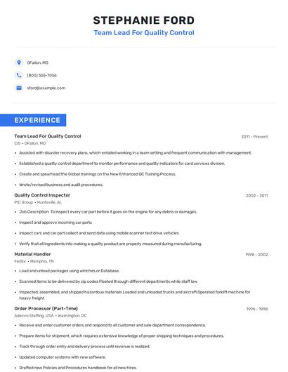 Team Lead For Quality Control Resume