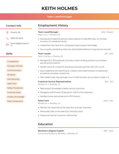 Team Lead/Manager Resume