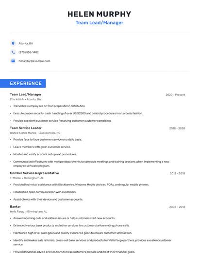 Team Lead/Manager Resume