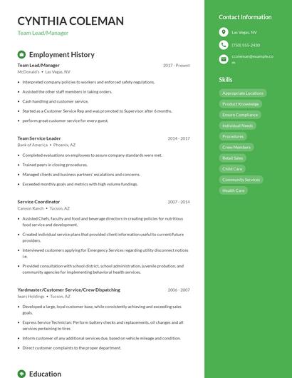 Team Lead/Manager Resume