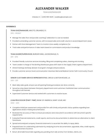 Team Lead/Manager Resume