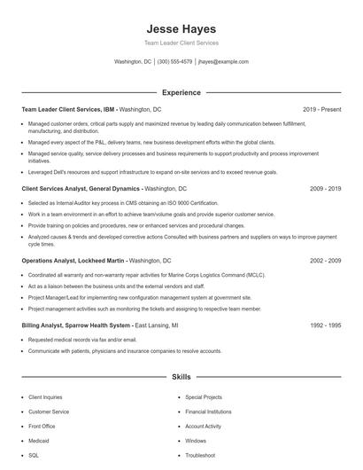 Team Leader Client Services Resume