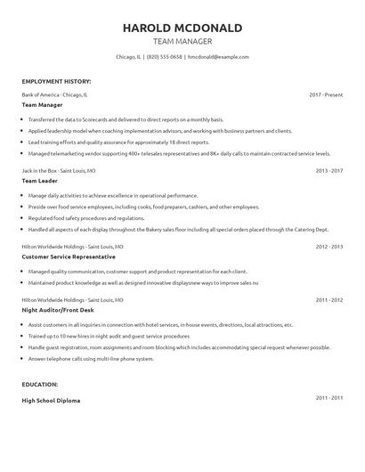 Team Manager Resume
