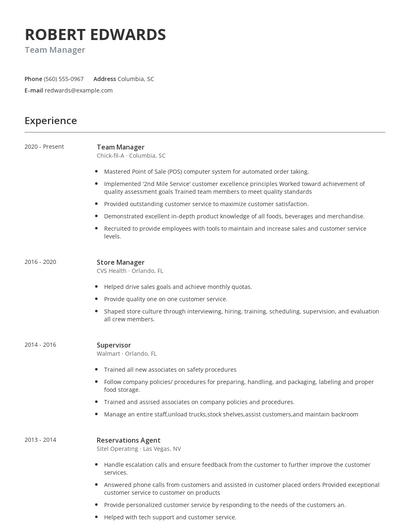Team Manager Resume