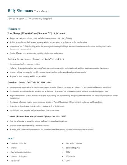 Team Manager Resume