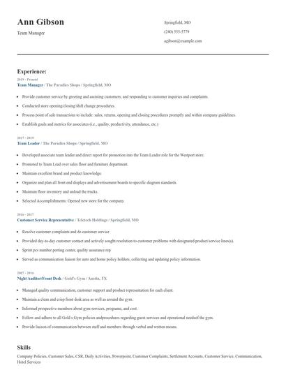 Team Manager Resume