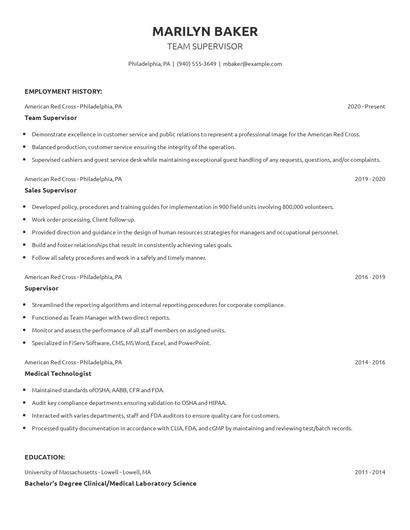 Team Supervisor Resume