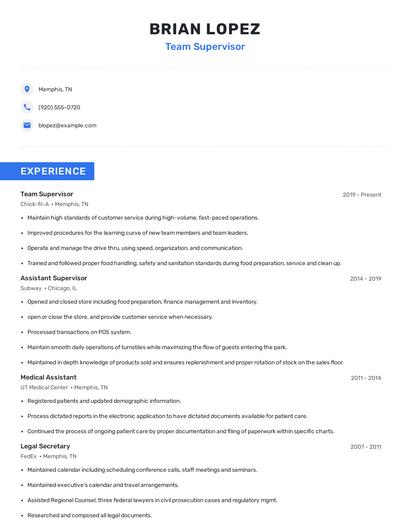 Team Supervisor Resume
