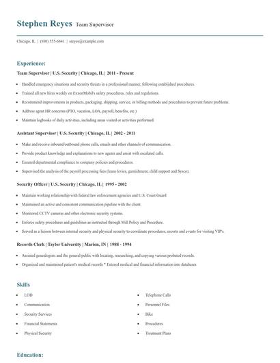 Team Supervisor Resume