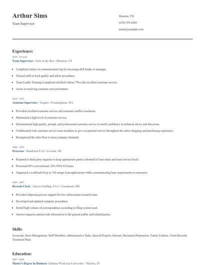 Team Supervisor Resume