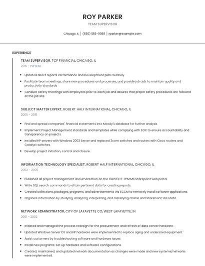 Team Supervisor Resume