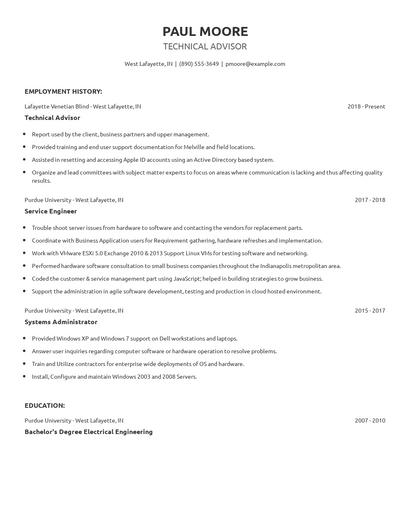Technical Advisor Resume