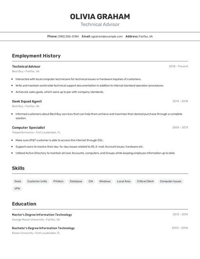 Technical Advisor Resume