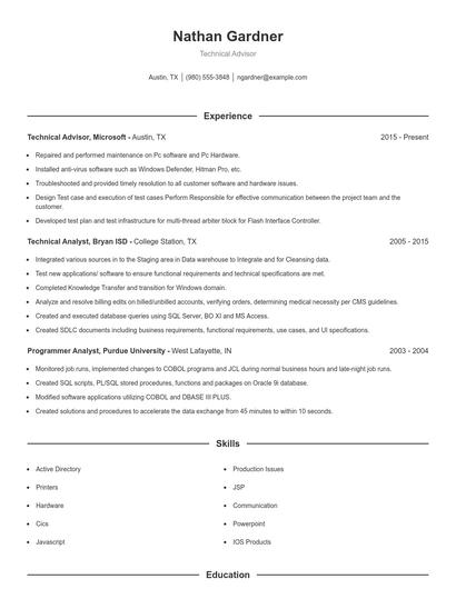 Technical Advisor Resume