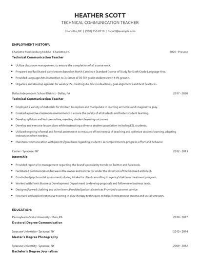 Technical Communication Teacher Resume