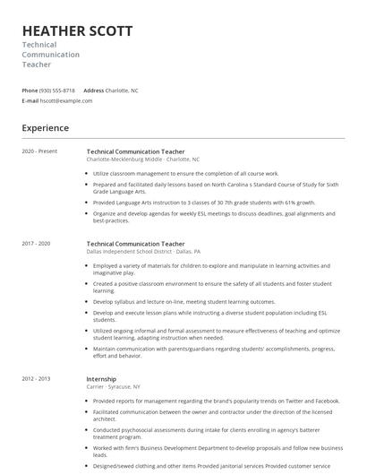 Technical Communication Teacher Resume