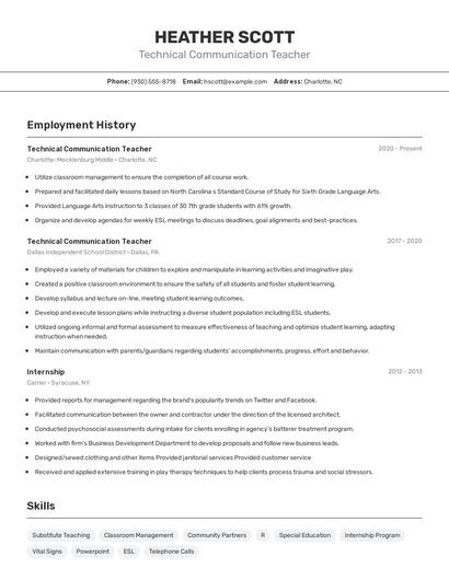 Technical Communication Teacher Resume