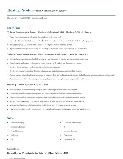 Technical Communication Teacher Resume