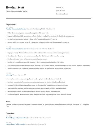 Technical Communication Teacher Resume