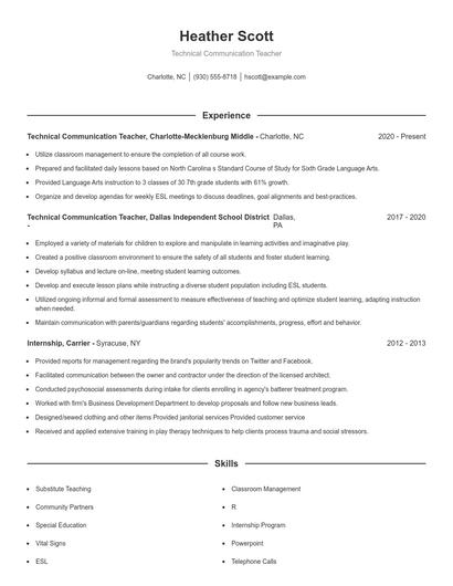 Technical Communication Teacher Resume