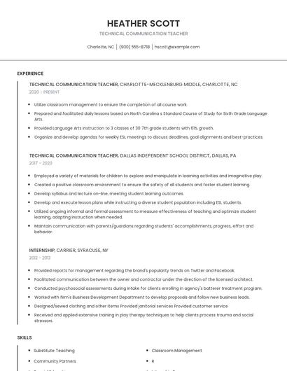 Technical Communication Teacher Resume