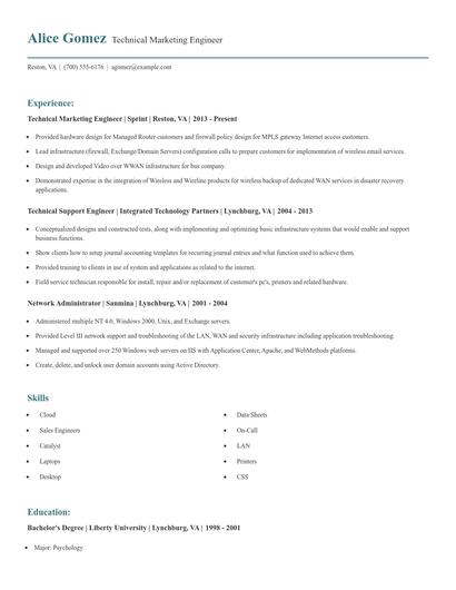 Technical Marketing Engineer Resume