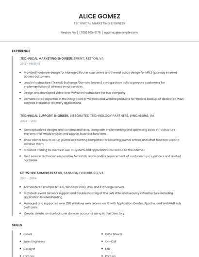 Technical Marketing Engineer Resume