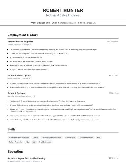 Technical Sales Engineer Resume