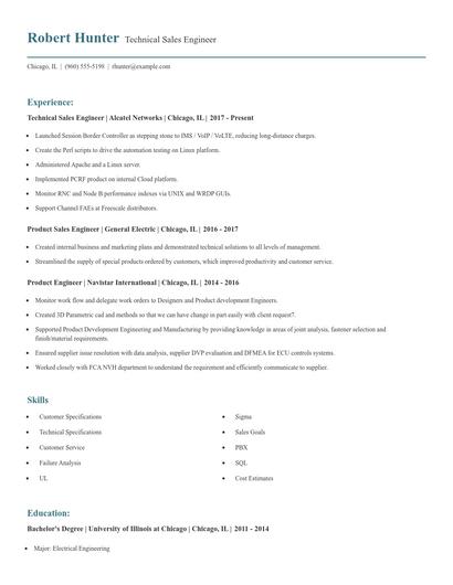 Technical Sales Engineer Resume