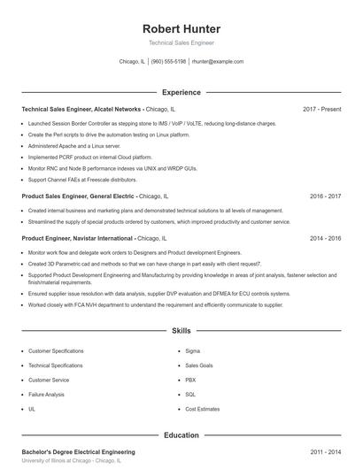 Technical Sales Engineer Resume