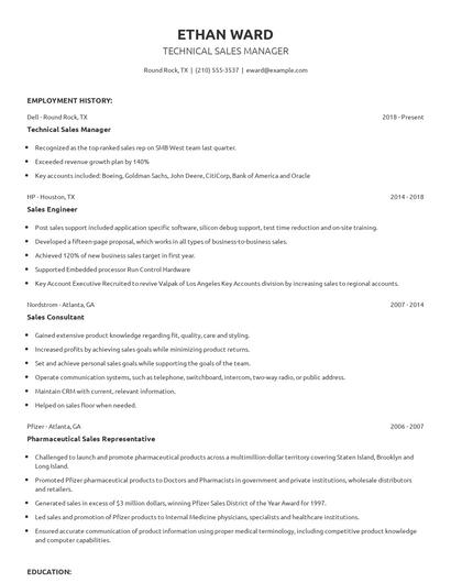 Technical Sales Manager Resume