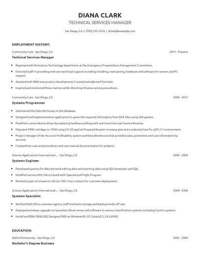 Technical Services Manager Resume