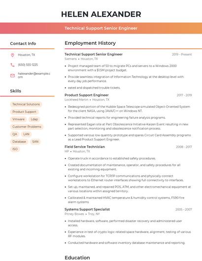 Technical Support Senior Engineer Resume
