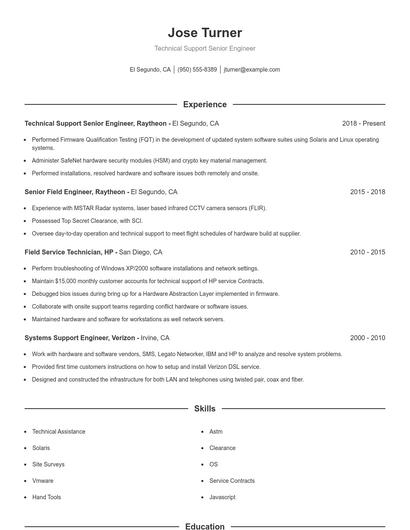 Technical Support Senior Engineer Resume