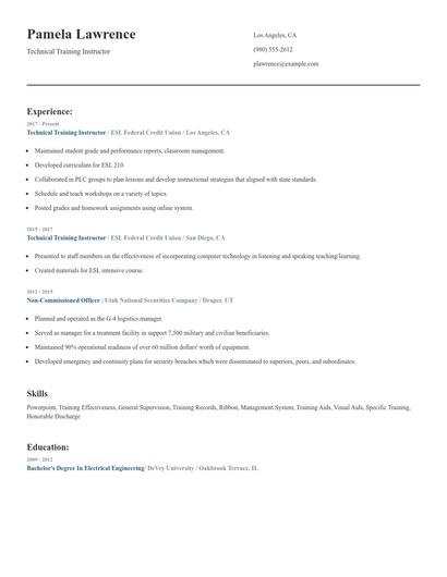 Technical Training Instructor Resume