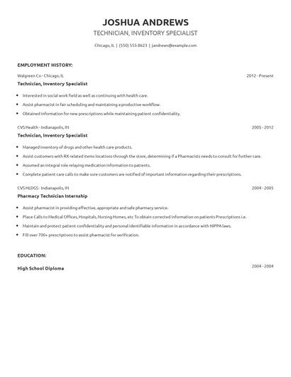 Technician, Inventory Specialist Resume