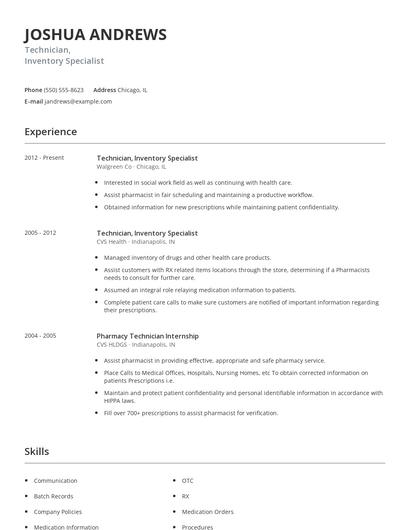 Technician, Inventory Specialist Resume