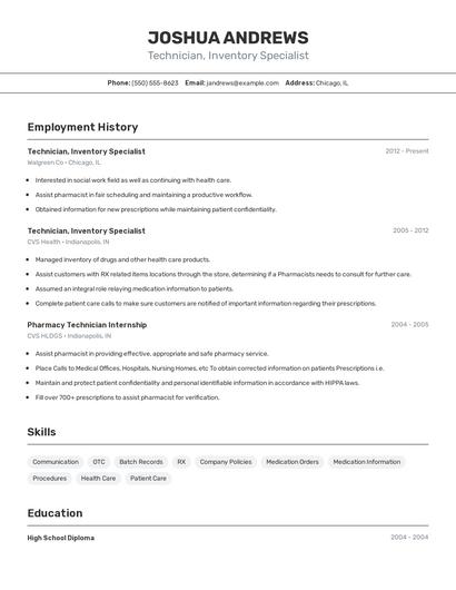 Technician, Inventory Specialist Resume