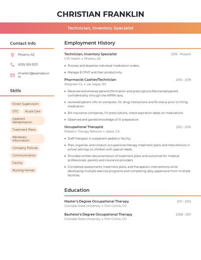Technician, Inventory Specialist Resume