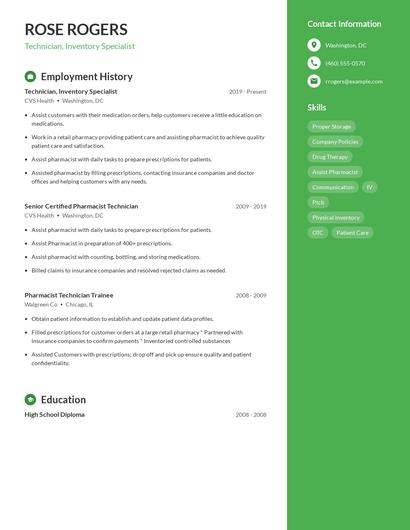 Technician, Inventory Specialist Resume