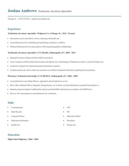 Technician, Inventory Specialist Resume