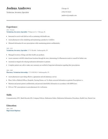 Technician, Inventory Specialist Resume