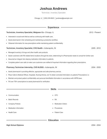 Technician, Inventory Specialist Resume