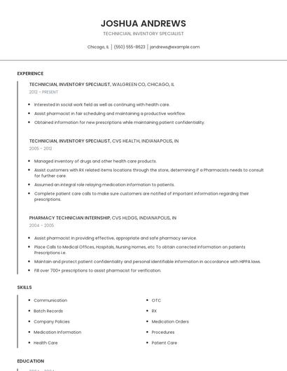 Technician, Inventory Specialist Resume