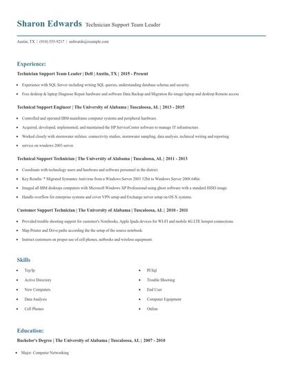 Technician Support Team Leader Resume