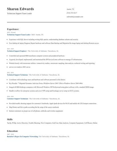 Technician Support Team Leader Resume