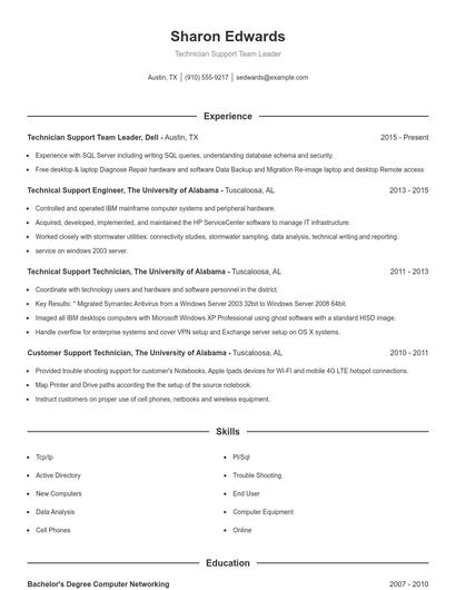 Technician Support Team Leader Resume