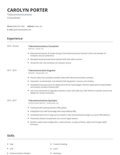 Telecommunications Consultant Resume