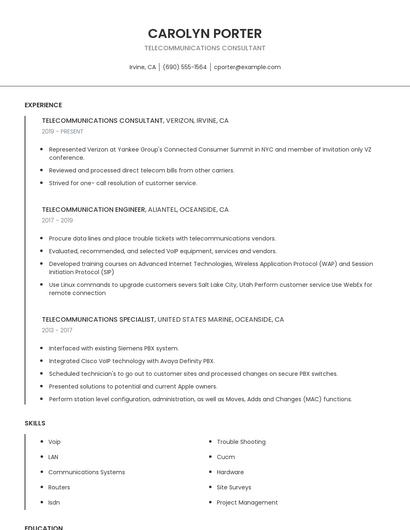 Telecommunications Consultant Resume